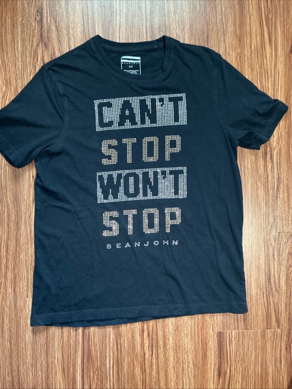 Sean John Size Medium  Shirt Studded Can't Stop Wont' Stop Black Short Sleeve